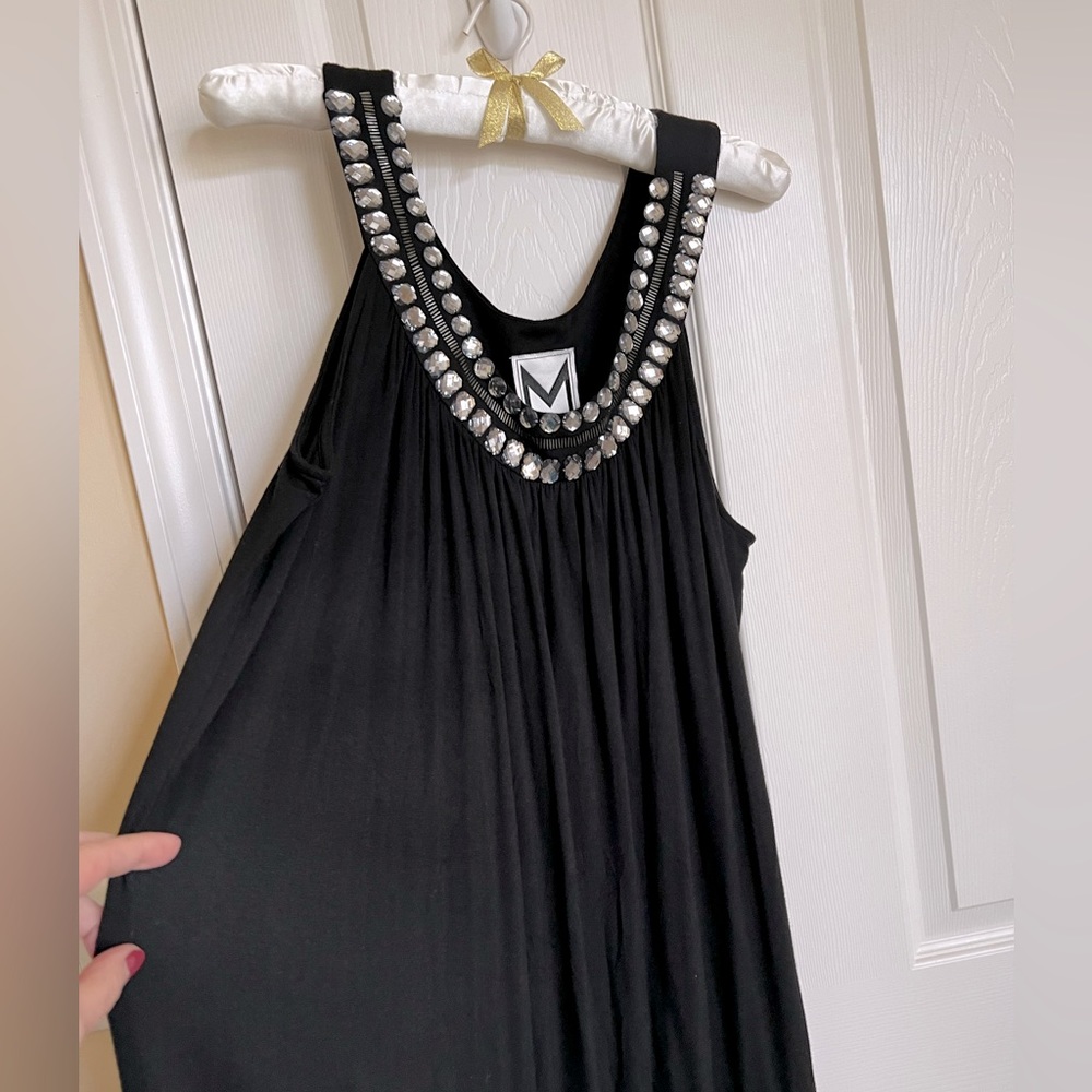 Marc Bouwer, faceted crystals, beaded collar sleeveless short Black dress.